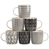 Okllen 6 adet 326 ml kahve fincanı, geometrik desenli, seramik kahve fincanları, şık çay fincanları, fincan seti, latte, cappuccino, süt, su, kakao, müsli için hediye, siyah ve beyaz