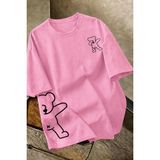 Oksit Ayıcık Baskılı Unisex Oversize Sokak Stili T-Shirt - Pembe - 4XL