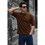Oksit Benriy Erkek Oversize Basic Bisiklet Yaka Pamuklu T-Shirt Rahat Kesim Unisex Sevgili Kombini - Kahve