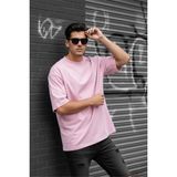 Oksit Benriy Erkek Oversize Basic Bisiklet Yaka Pamuklu T-Shirt Rahat Kesim Unisex Sevgili Kombini - Pembe - XL
