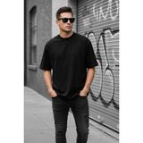 Oksit Benriy Erkek Oversize Basic Bisiklet Yaka Pamuklu T-Shirt Rahat Kesim Unisex Sevgili Kombini - Siyah - XL