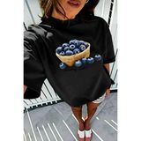 Oksit Blueberry Girl Tasarım Baskılı Pamuklu Oversize Kadın T-Shirt - Siyah - 2XL
