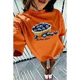 Oksit Blueberry Girl Tasarım Baskılı Pamuklu Oversize Kadın T-Shirt - Turuncu