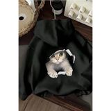 Oksit Caty 2025 Kedi Sırt Baskılı Içi Pamuklu Unisex Sweatshirt - Siyah