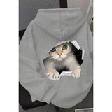 Oksit Caty Kedi Sırt Baskılı Içi Pamuklu Unisex Sweatshirt - Gri - Melanj
