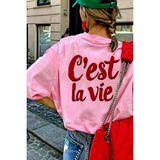 Oksit C'est La Vie Yazılı Oversize Kadın T-Shirt - Pembe - 2XL