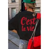 Oksit C'est La Vie Yazılı Oversize Kadın T-Shirt - Siyah