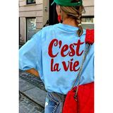 Oksit C'est La Vie Yazılı Oversize Kadın T-Shirt - Turkuaz