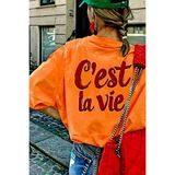 Oksit C'est La Vie Yazılı Oversize Kadın T-Shirt - Turuncu