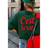 Oksit C'est La Vie Yazılı Oversize Kadın T-Shirt - Yeşil
