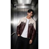 Oksit Club Ltd Nakış Detaylı Vintage Colorblock Gömlek Yaka Deri Bomber Ceket - 2XL - Bordo