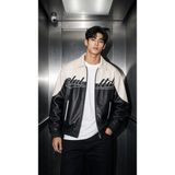Oksit Club Ltd Nakış Detaylı Vintage Colorblock Gömlek Yaka Deri Bomber Ceket - XL - Siyah
