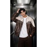 Oksit Club Ltd Nakış Detaylı Vintage Colorblock Gömlek Yaka Deri Bomber Ceket