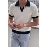 Oksit Cube Erkek Slim Fit Jakarlı Polo Yaka Triko Tişört - Kontrast Şeritli Örme Buklet - Beyaz - 2XL