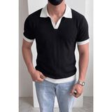 Oksit Cube Erkek Slim Fit Jakarlı Polo Yaka Triko Tişört - Kontrast Şeritli Örme Buklet - Siyah - XL