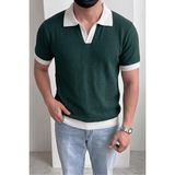 Oksit Cube Erkek Slim Fit Jakarlı Polo Yaka Triko Tişört - Kontrast Şeritli Örme Buklet - Yeşil