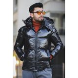 Oksit Jair Ekstra Parlak Suya Dayanıklı Çift Yaka Kapüşonlu Erkek Şişme Mont - 2XL - Siyah