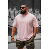 Oksit Kapty Erkek Büyük Beden Battal Basic Bisiklet Yaka Pamuklu T-Shirt Rahat Kesim Unisex Sevgili Kombini - Pembe - 3XL