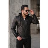 Oksit Kegg Erkek Siyah Slim Fit Kapüşonlu Omuz Detaylı Suni Deri Ceket