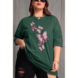 Oksit Kelebek Baskılı Kadın Büyük Beden Battal Bisiklet Yaka Pamuklu T-Shirt Rahat Kesim