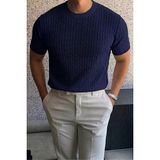 Oksit Kelly Lüks Seri Erkek Slim Fit Saç Örgü Desenli Bisiklet Yaka Kısa Kollu Triko Tişört - Lacivert - XL