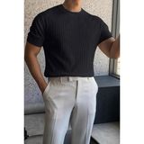 Oksit Kelly Lüks Seri Erkek Slim Fit Saç Örgü Desenli Bisiklet Yaka Kısa Kollu Triko Tişört - Siyah