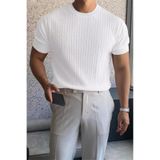 Oksit Kelly Lüks Seri Erkek Slim Fit Saç Örgü Desenli Bisiklet Yaka Kısa Kollu Triko Tişört