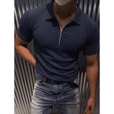 Oksit Luuk Erkek Slim Fit Fermuarlı Polo Yaka Fitilli T-Shirt - Lacivert - 2XL