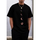 Oksit Moon Baskılı Bisiklet Yaka Pamuklu Erkek T-Shirt Rahat Kesim - Siyah