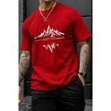Oksit Mountains Baskılı Bisiklet Yaka Pamuklu Erkek T-Shirt Rahat Kesim - Kırmızı