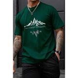 Oksit Mountains Baskılı Bisiklet Yaka Pamuklu Erkek T-Shirt Rahat Kesim - Yeşil