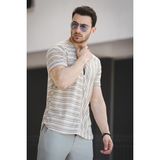 Oksit Nezza Çizgili Parçalı Eteği Oval Slim Fit Likralı Erkek Tshirt - 2XL - Kahve