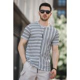 Oksit Nezza Çizgili Parçalı Eteği Oval Slim Fit Likralı Erkek Tshirt - Siyah