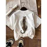 Oksit Oversize Arkası Leopar Baskılı Pamuklu Kadın T-Shirt Büyük Beden Kadın Tshirt - Beyaz - 2XL