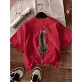 Oksit Oversize Arkası Leopar Baskılı Pamuklu Kadın T-Shirt Büyük Beden Kadın Tshirt - Kırmızı - 2XL