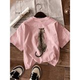 Oksit Oversize Arkası Leopar Baskılı Pamuklu Kadın T-Shirt Büyük Beden Kadın Tshirt - Pembe