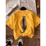 Oksit Oversize Arkası Leopar Baskılı Pamuklu Kadın T-Shirt Büyük Beden Kadın Tshirt - Sarı - 2XL