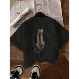 Oksit Oversize Arkası Leopar Baskılı Pamuklu Kadın T-Shirt Büyük Beden Kadın Tshirt - Siyah