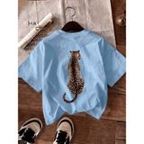 Oksit Oversize Arkası Leopar Baskılı Pamuklu Kadın T-Shirt Büyük Beden Kadın Tshirt - Turkuaz - 4XL