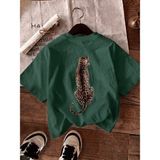 Oksit Oversize Arkası Leopar Baskılı Pamuklu Kadın T-Shirt Büyük Beden Kadın Tshirt - Yeşil