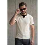 Oksit Prey Vaffle Dokulu Çift Yaka Görünümlü Slim Fit Erkek Tişört - Ekru - XL