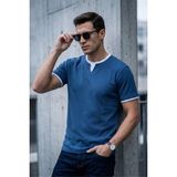 Oksit Prey Vaffle Dokulu Çift Yaka Görünümlü Slim Fit Erkek Tişört - Mavi - 2XL