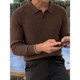 Oksit Rawi Erkek Slim Fit Fitilli Triko Polo Yaka Kazak - Uzun Kollu Düğmeli Polo Yaka Örgü Triko Kazak - Kahve