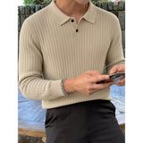 Oksit Rawi Erkek Slim Fit Fitilli Triko Polo Yaka Kazak - Uzun Kollu Düğmeli Polo Yaka Örgü Triko Kazak - Krem - 2XL