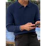 Oksit Rawi Erkek Slim Fit Fitilli Triko Polo Yaka Kazak - Uzun Kollu Düğmeli Polo Yaka Örgü Triko Kazak - Lacivert - XL