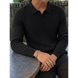 Oksit Rawi Erkek Slim Fit Fitilli Triko Polo Yaka Kazak - Uzun Kollu Düğmeli Polo Yaka Örgü Triko Kazak - Siyah - 2XL