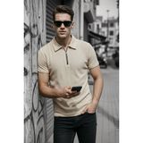 Oksit Robb Erkek Yarım Fermuarlı Dokulu Polo Yaka Kısa Kollu Slim Fit Tişört - Krem - 2XL