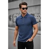 Oksit Robb Erkek Yarım Fermuarlı Dokulu Polo Yaka Kısa Kollu Slim Fit Tişört - Mavi