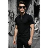Oksit Robb Erkek Yarım Fermuarlı Dokulu Polo Yaka Kısa Kollu Slim Fit Tişört - Siyah - XL