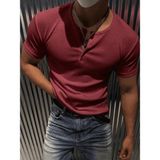Oksit San Loe Erkek Slim Fit Likralı Henley Yaka Kısa Kollu Tişört - Düğmeli Esnek Kumaş - Bordo - 2XL